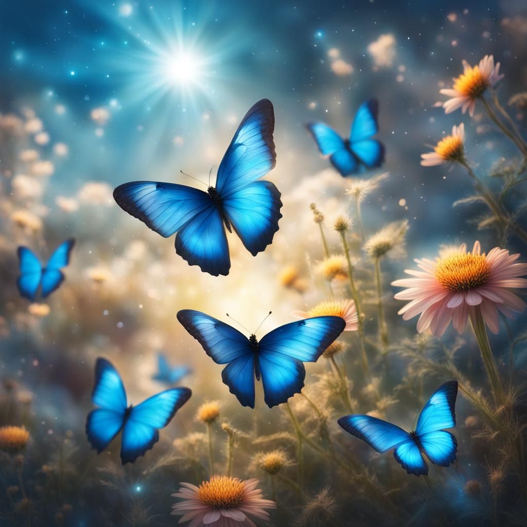 Glowing Blue Butterflies in Celestial Paradise