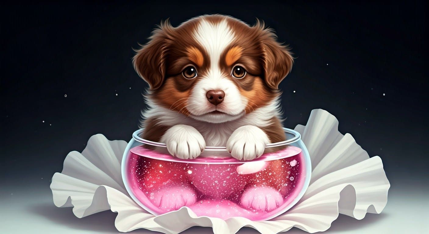 Whimsical Australian Shepherd Puppy in Delicate Crystal Bowl
