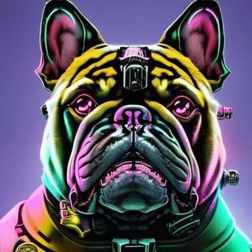 Cyberpunk English Bulldog in Neon Steampunk Hues