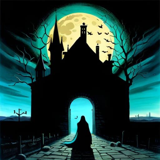 Ethereal Ghost Haunts Sinister Castle Ruins Under Frosty Moo...