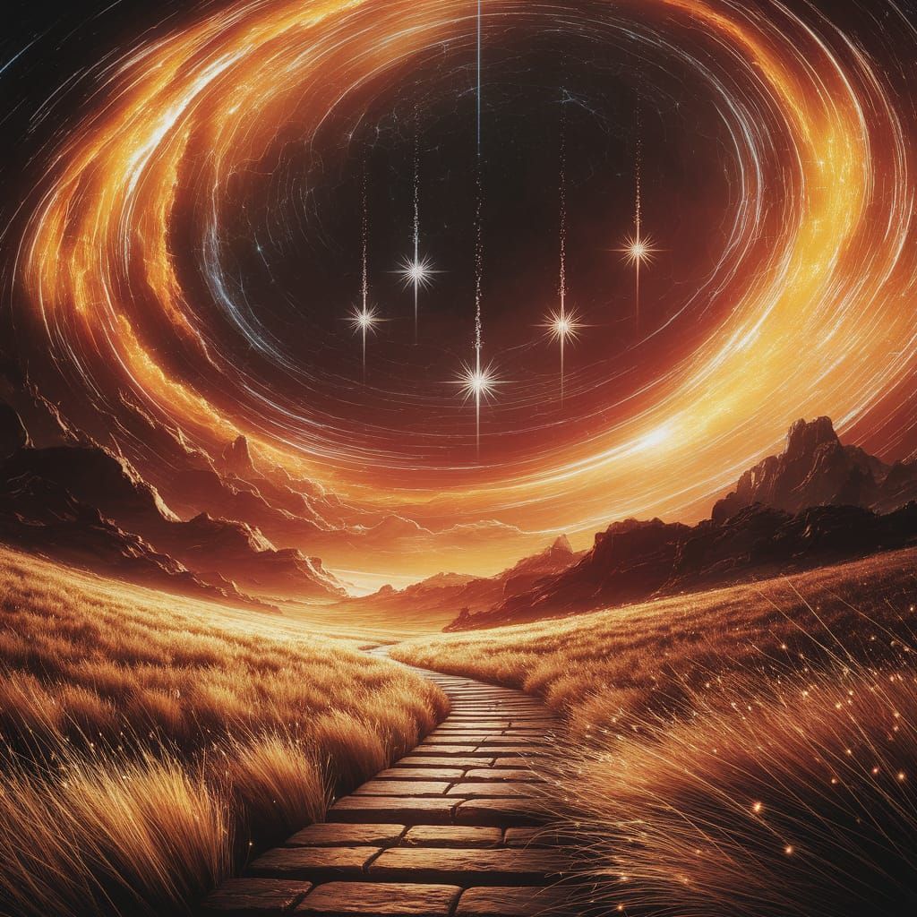 Nine Stars Fall in Golden Nebula Fantasy Art