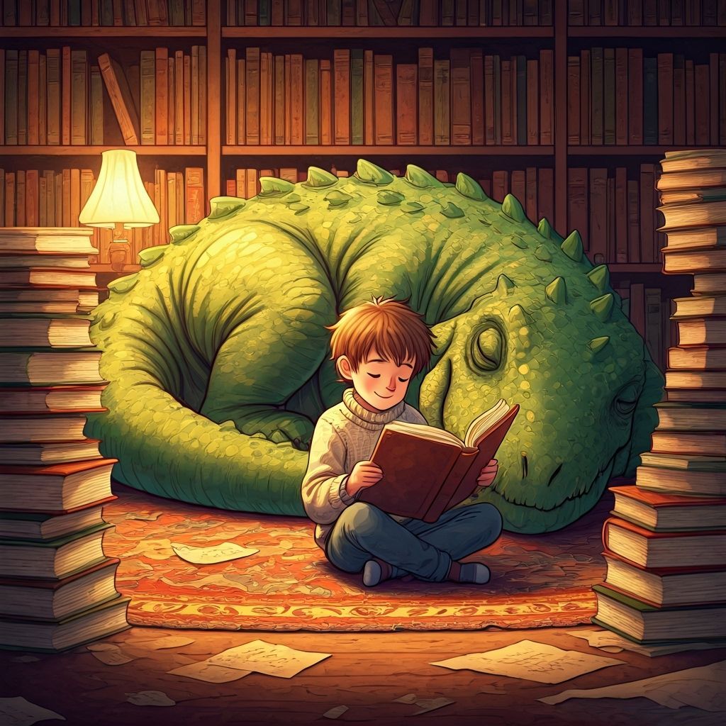 Boy Reading with Dinosaur in Cozy Library, Beatrix Potter St...