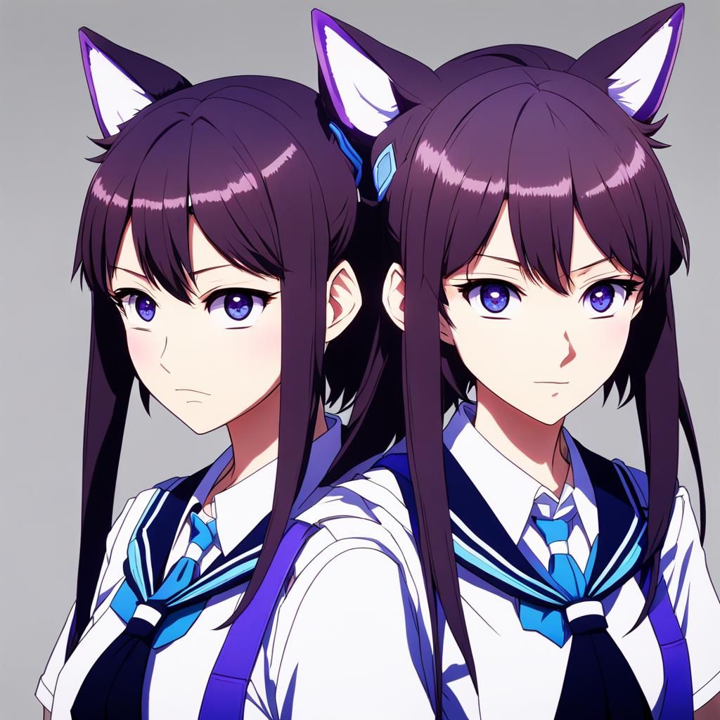 Confident Anime Girl Poses in School Uniform with Werewolf E...