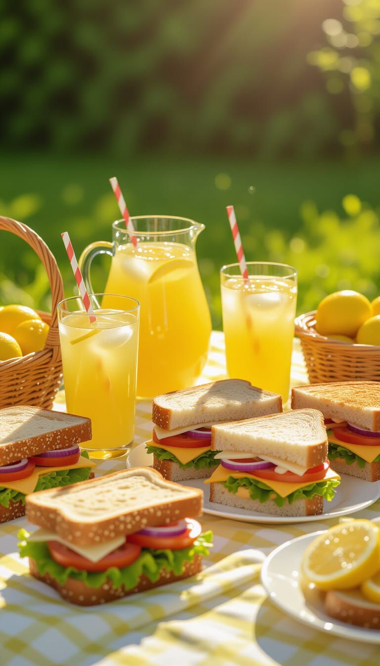 Vibrant Picnic with Sandwiches and Lemonade in Sunlight