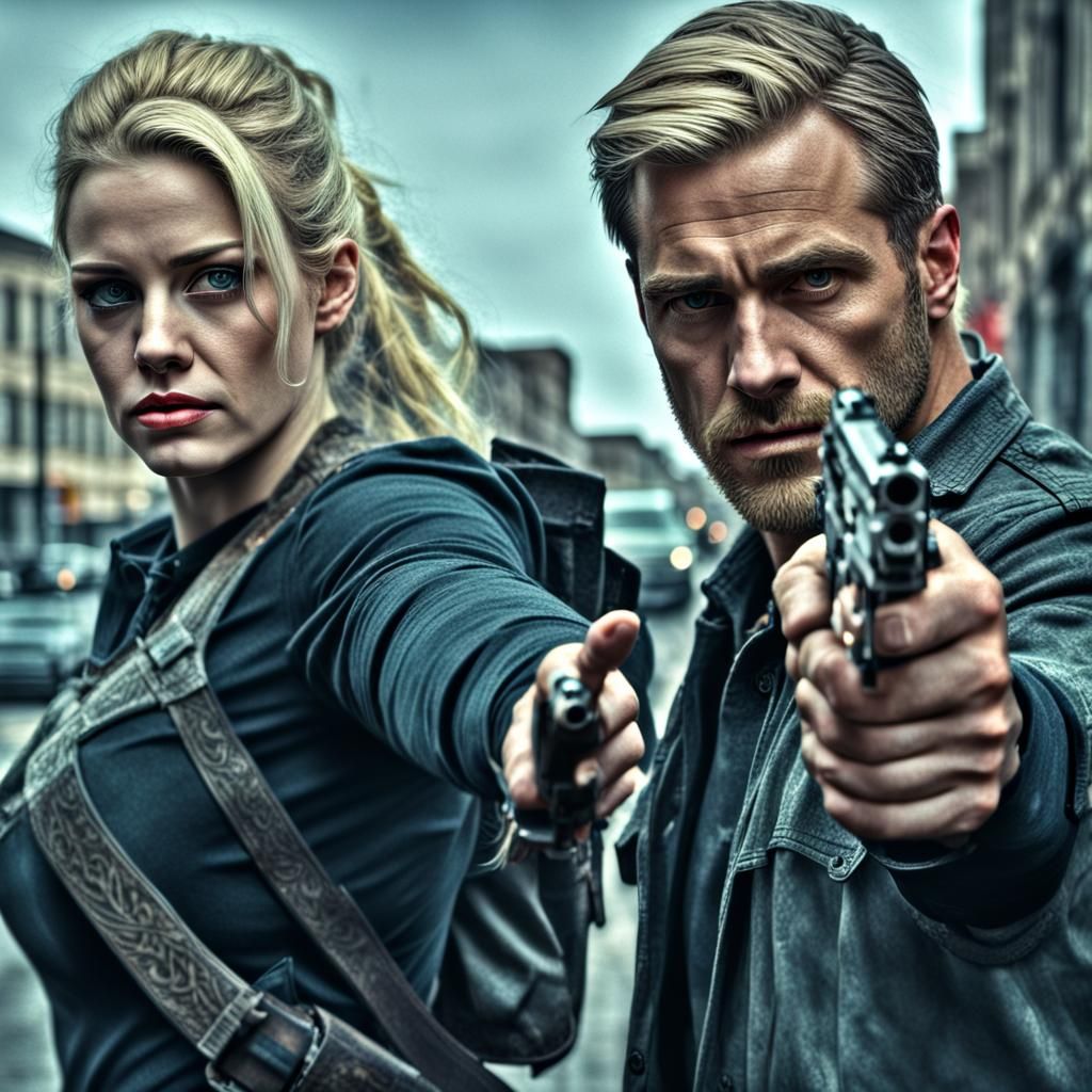 Heroic Young Man Protects Blonde Girl in Cinematic Scene