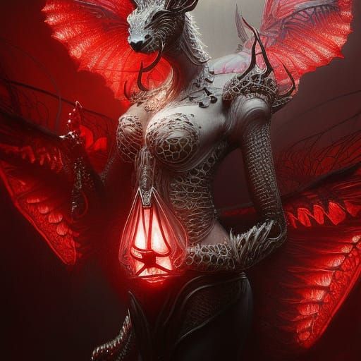 Glowing Red Dragon Goddess in Elaborate Lace Dress