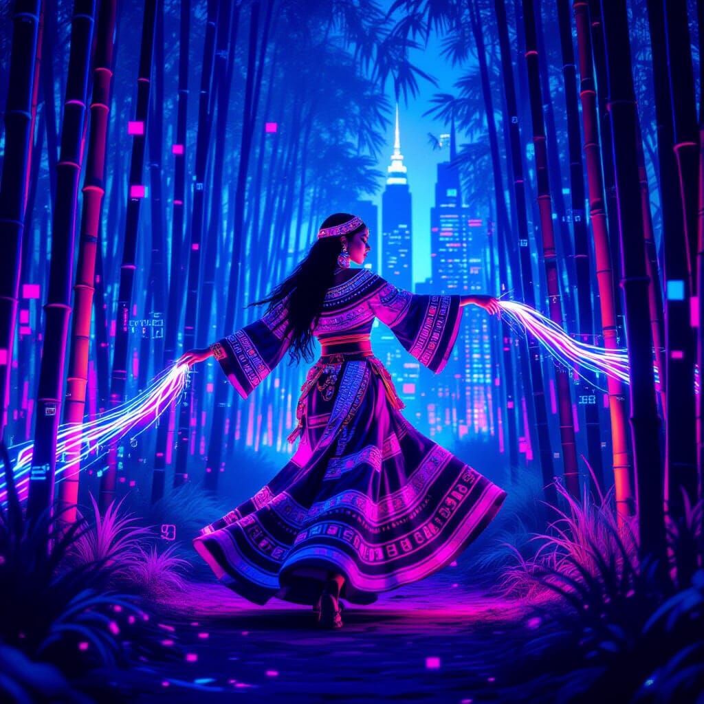 Berber Woman Dancing in Neon Forest, Synthwave Style