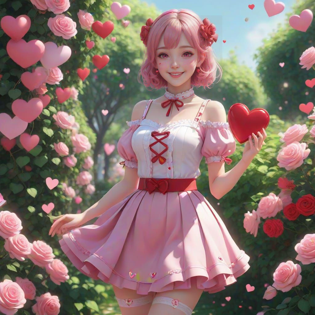 Valentine's Day Anime Girl in a Garden of Roses and Hearts