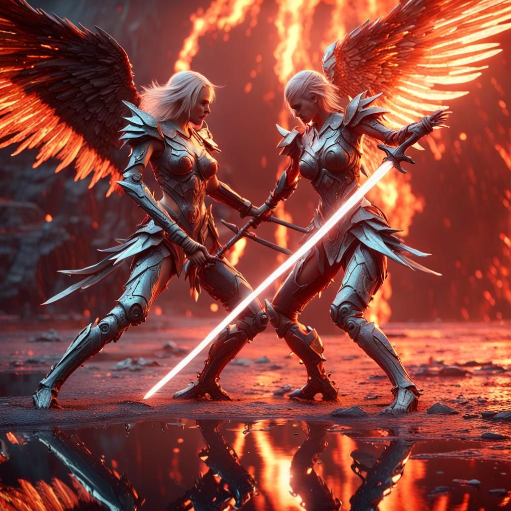 Epic Battle Between Angel and Demon on Incandescent Lava Lak...
