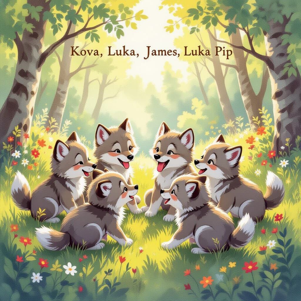 Adorable Wolf Cubs Playing in a Sunlit Forest Clearing