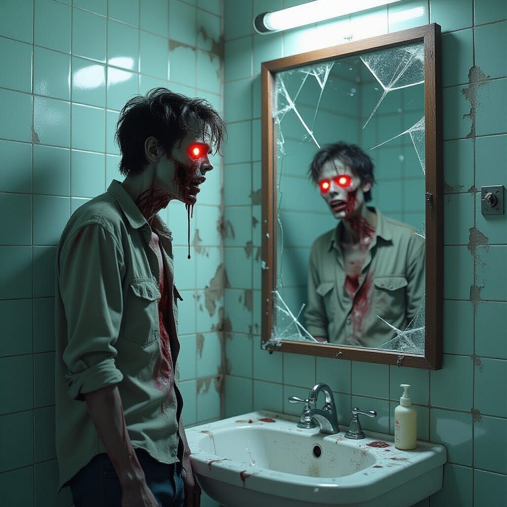 Haunting Zombie Reflection in Abandoned Bathroom