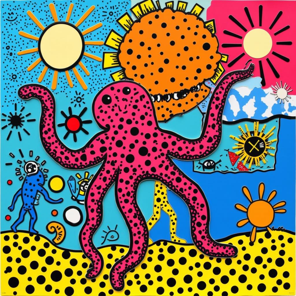 Colourful Spotty Octopus in Ocean, Haring-esque Collage Art