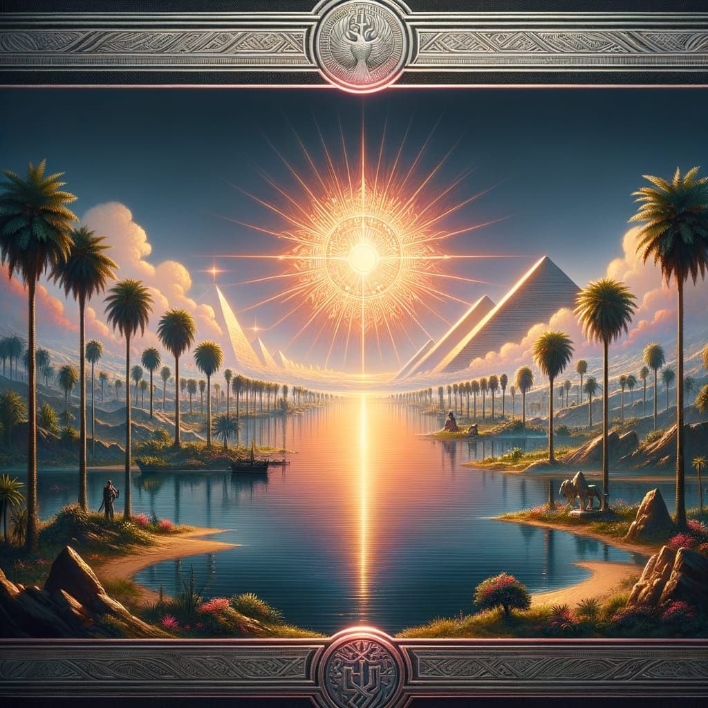 Fantasy River Nile Scene with Palm Trees and Ancient Pyramid...