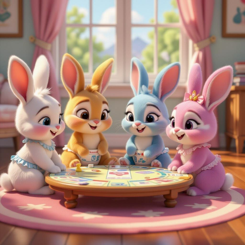 Four Bunnies Play Monopoly at Toddler Table