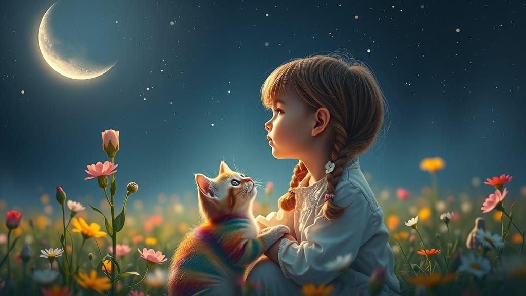 Girl and Kitten Share Secrets Under the Crescent Moon