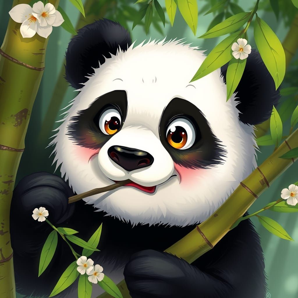 Adorable Panda Munching Bamboo in Anime Style