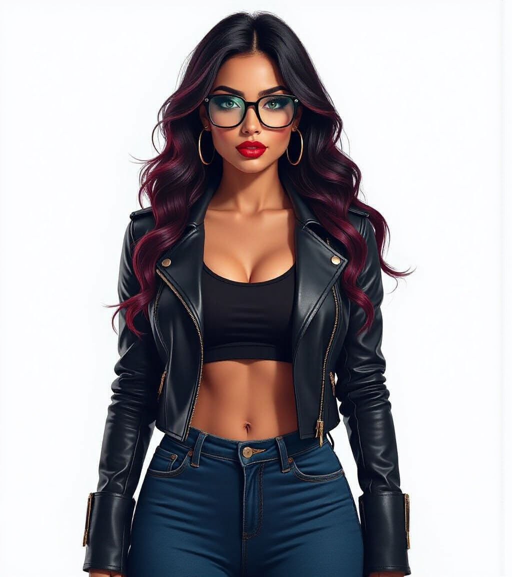 Realistic Latina Woman in Leather Jacket and Jeans