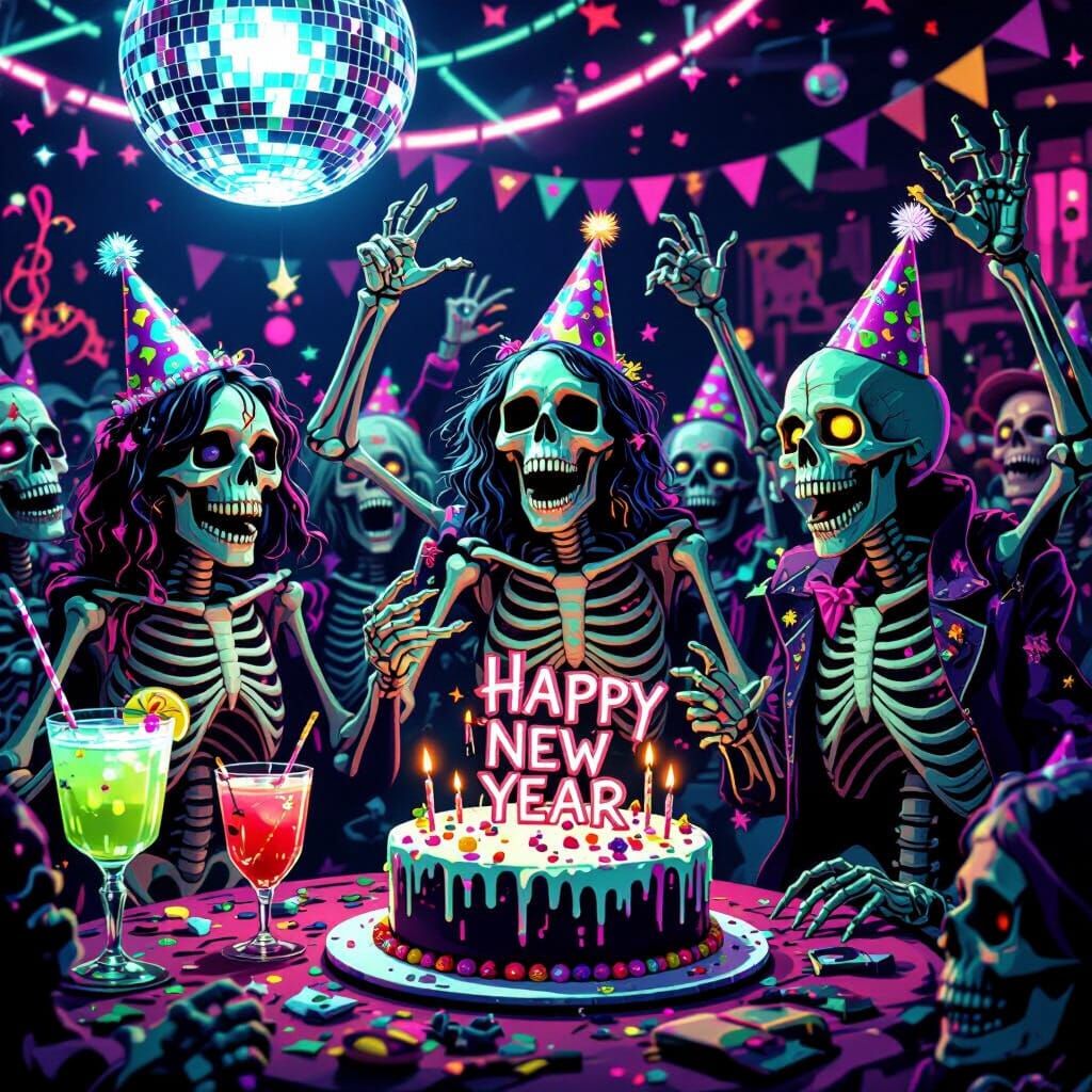 Undead Party Celebrating New Year with Neon Lights