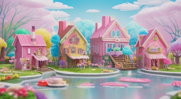 cute little houses made of cake and candy, a park made of ca...