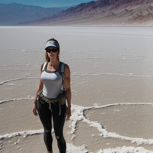 A woman hiker sweating in Badwater, Death Valley, in the dea...