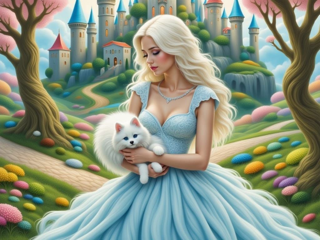 Woman in Whimsical Castle Scene with Long Platinum Hair and ...