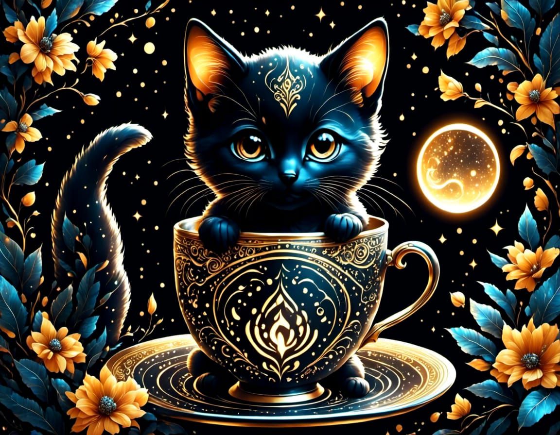Charming Chibi Kitten in a Coffee Cup, Artistic Geometric Sk...