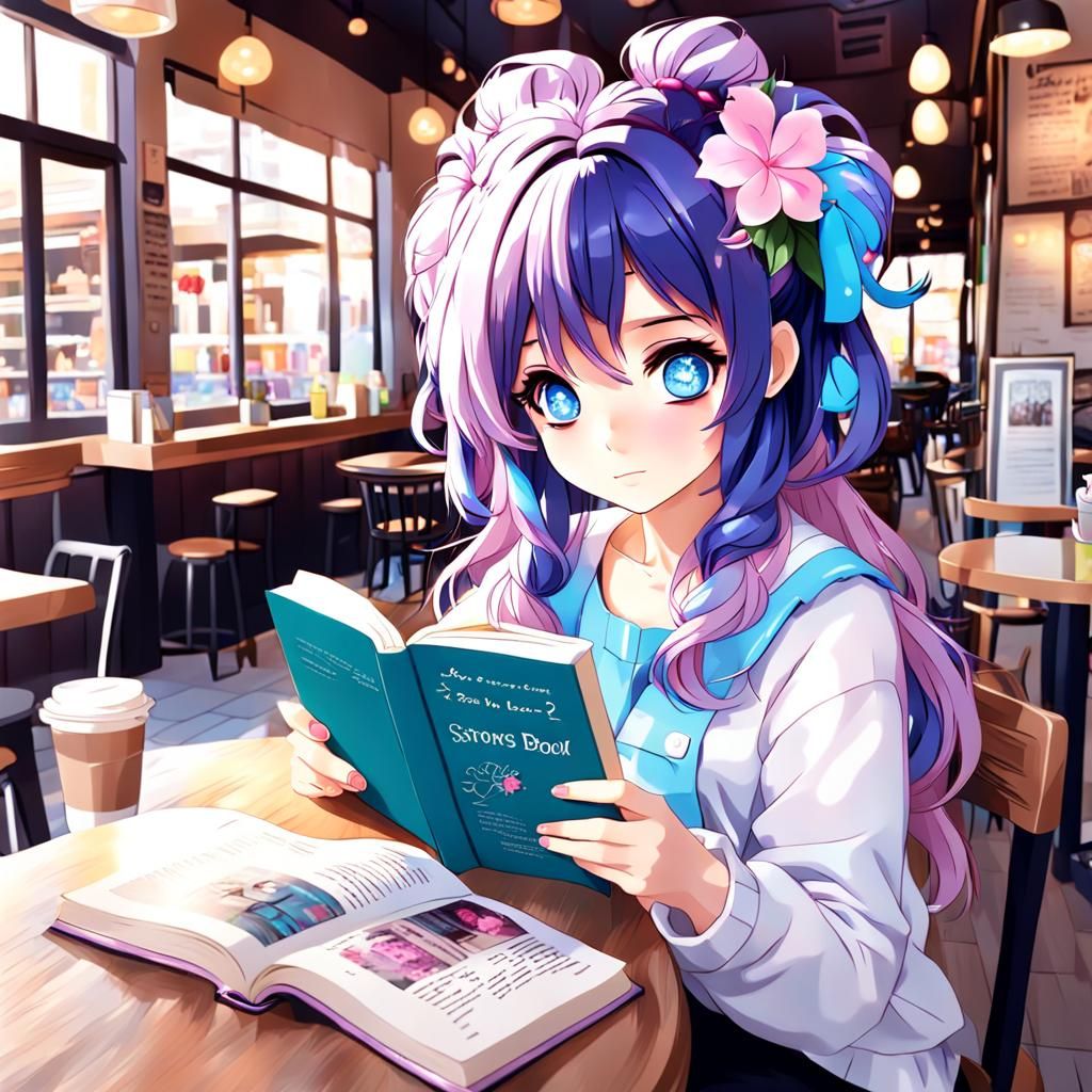 Anime Style Girl Reads Book in Coffee Shop