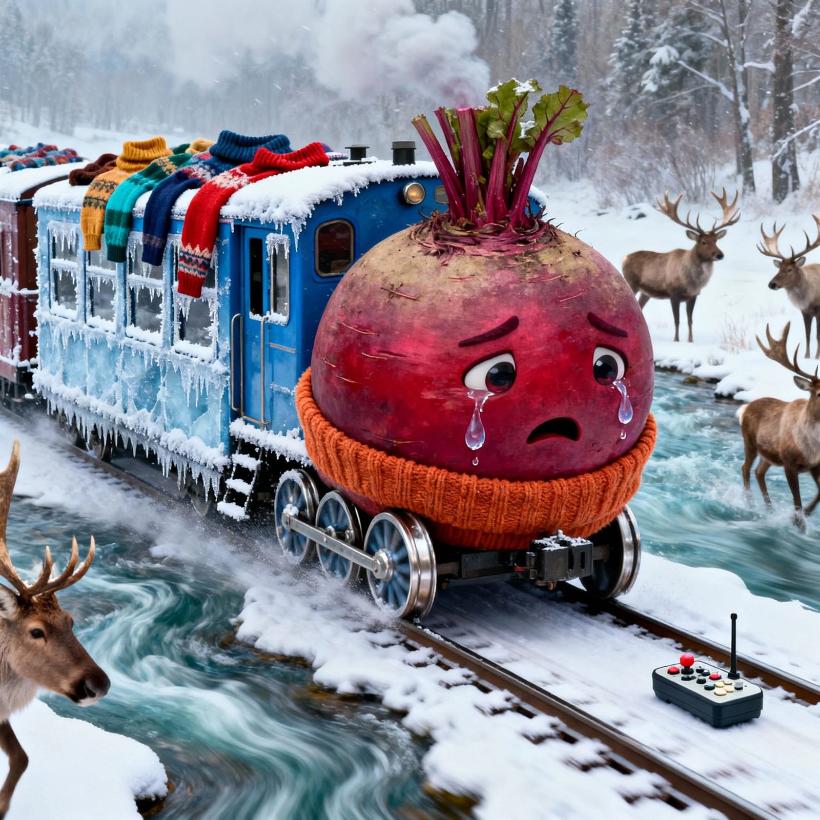 Surreal Winter Train of Crying Beetroot Delivering Gifts