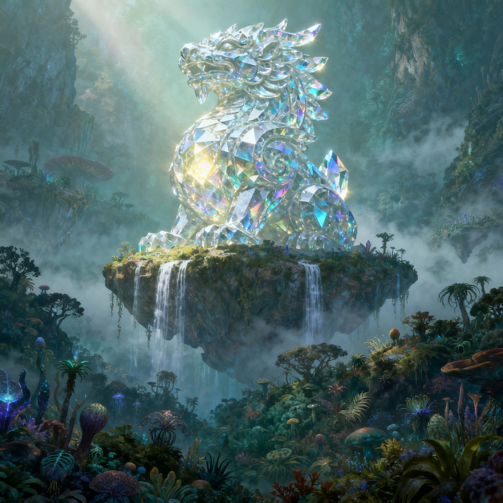 Crystalline Mythical Creature Statue on Floating Island