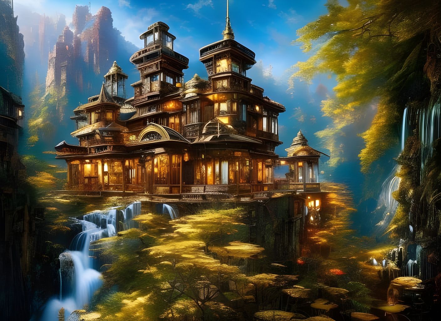 Intricate Steampunk Mansion on a Waterfall in Triadic Colors