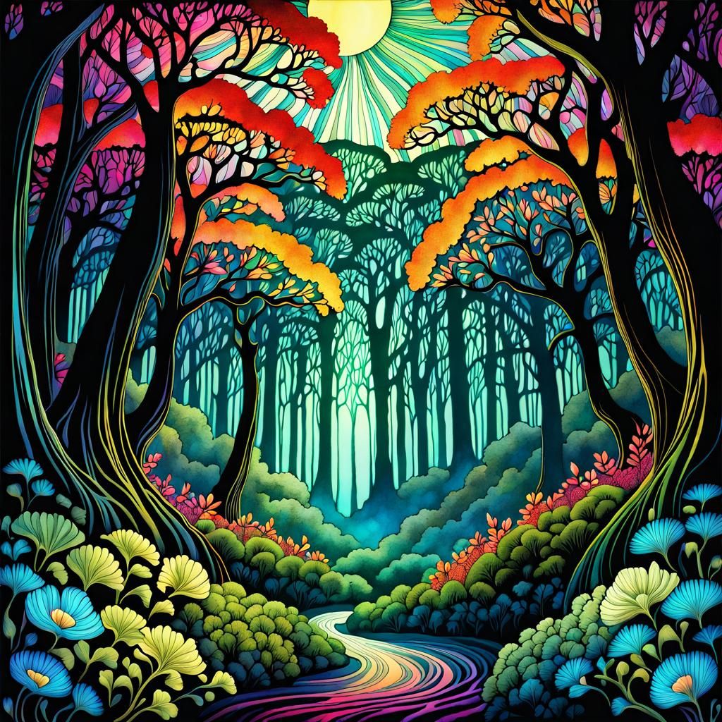 Vibrant Art Nouveau Forestscape in Imperial Ink Style
