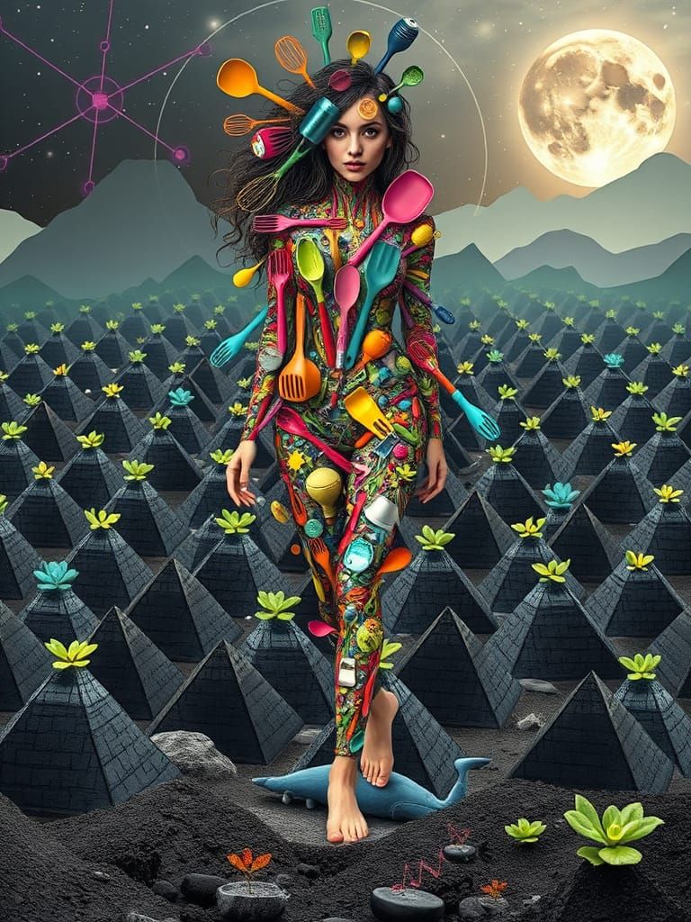 Surreal Kitchen Goddess in Vibrant Mosaic Form