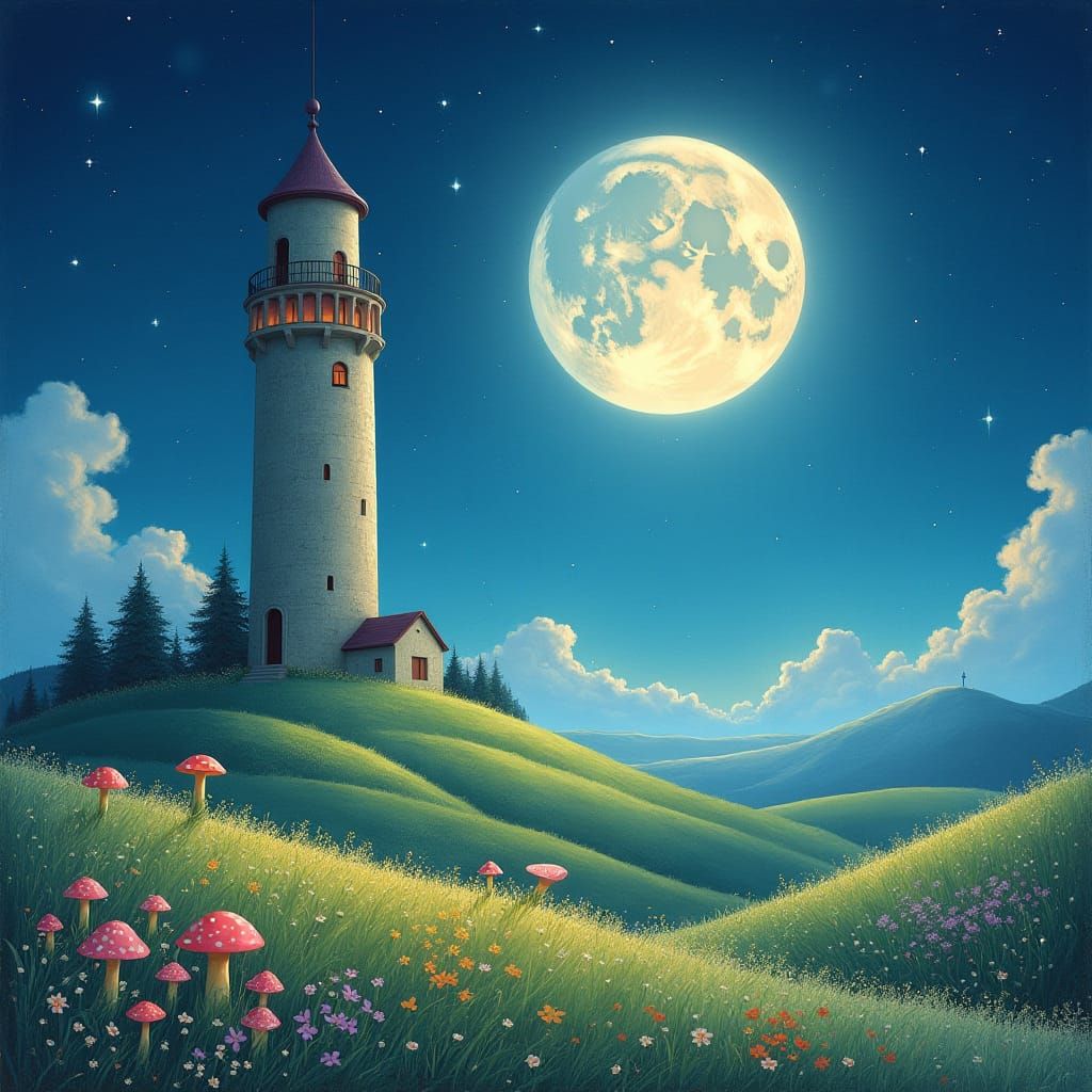 Whimsical Moonlit Fairycore Wonderland with Tower and Stars