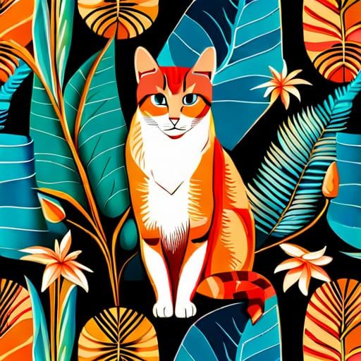 Exotic Bohemian Cat in a Woodblock Art Pattern