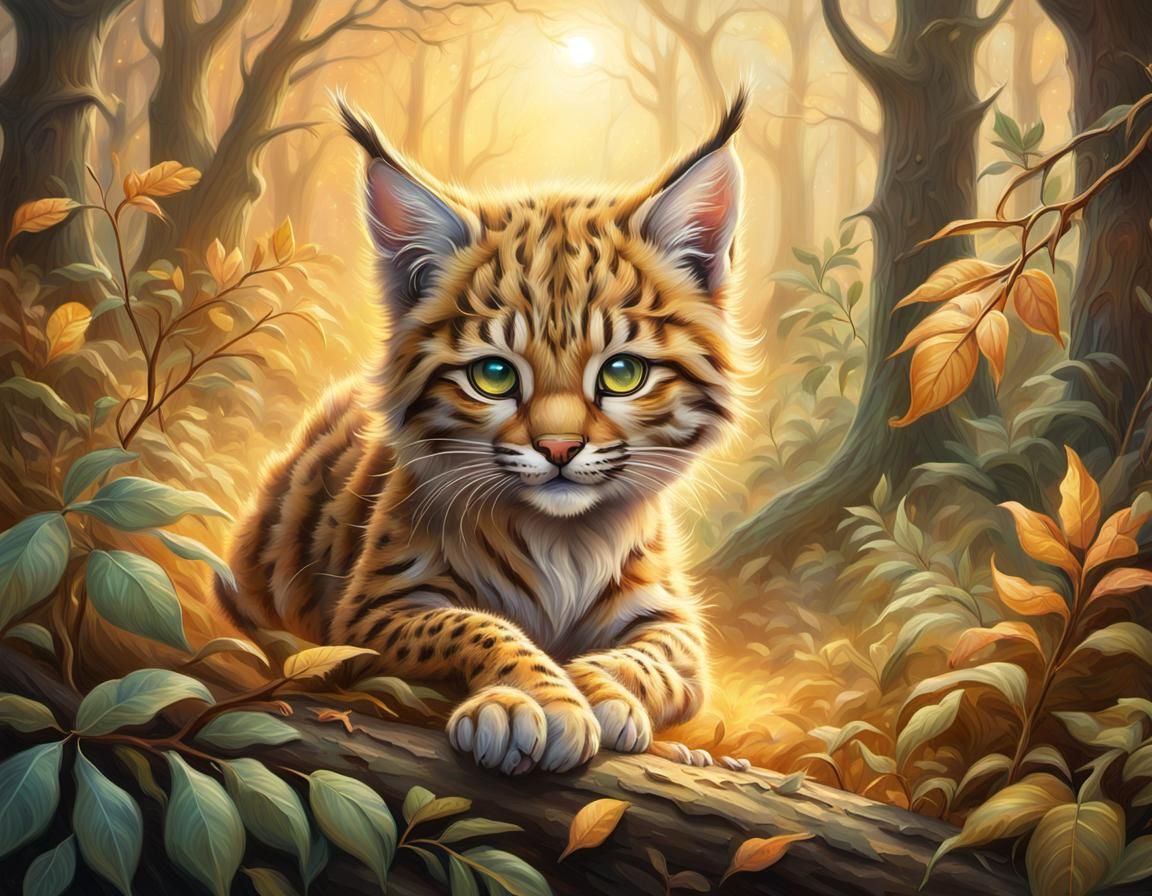 Whimsical Bobcat Pounces on Mouse in Enchanted Forest