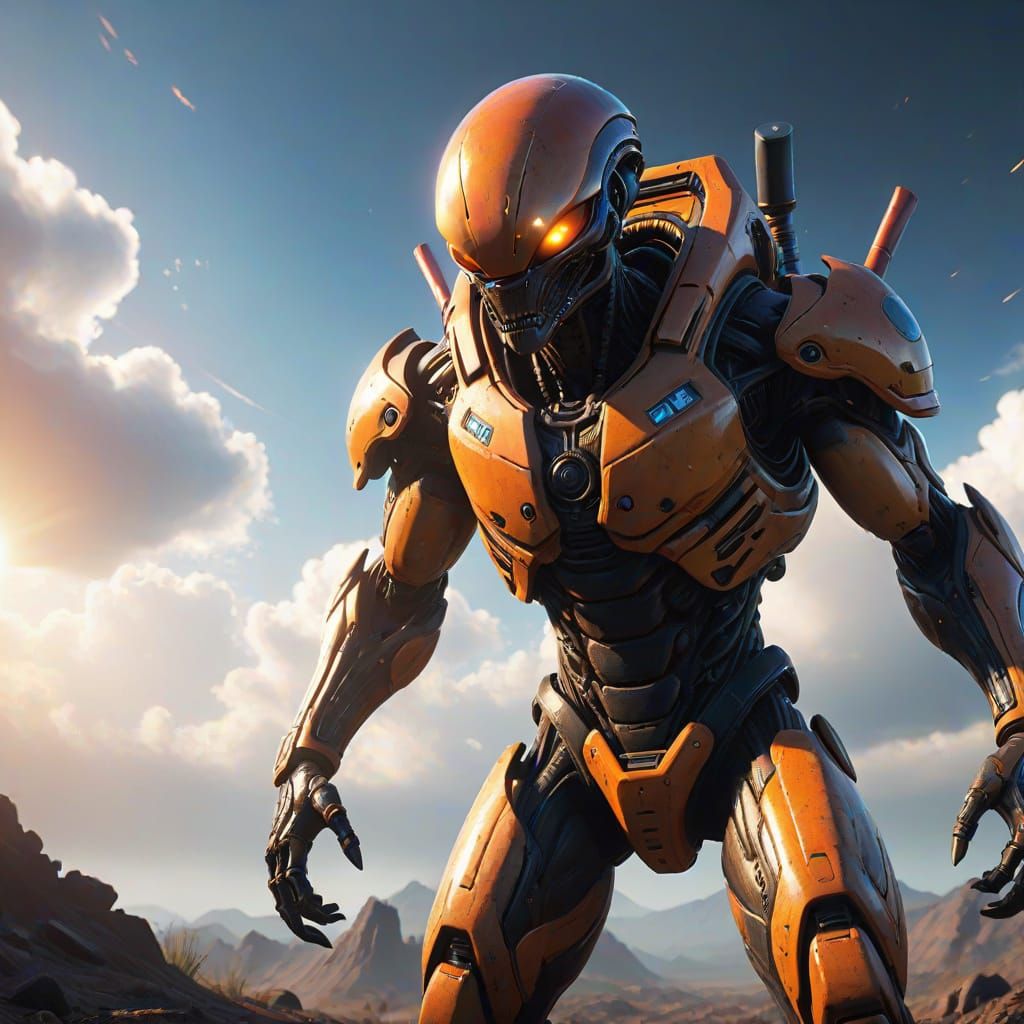 Epic Alien Warrior Basks in Sunlit Clouds