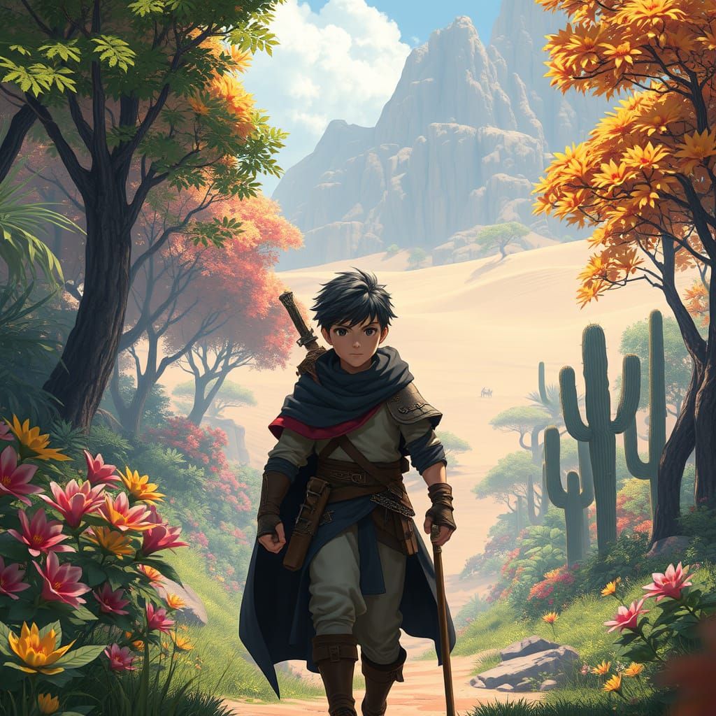 Adventurer Transitions Forest to Desert in 3D Anime Style