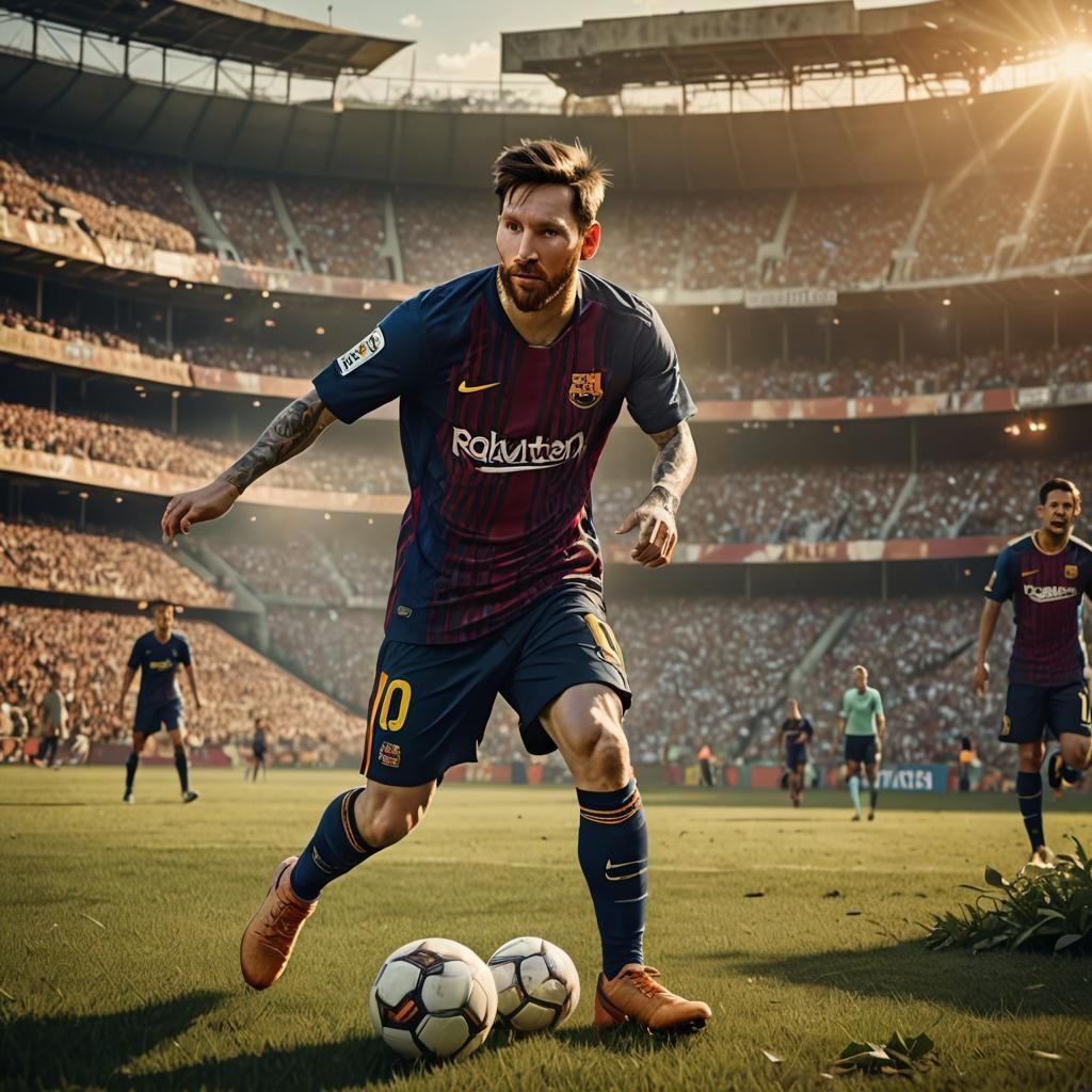 Lionel Messi in Mystical Soccer Stadium under Golden Hour