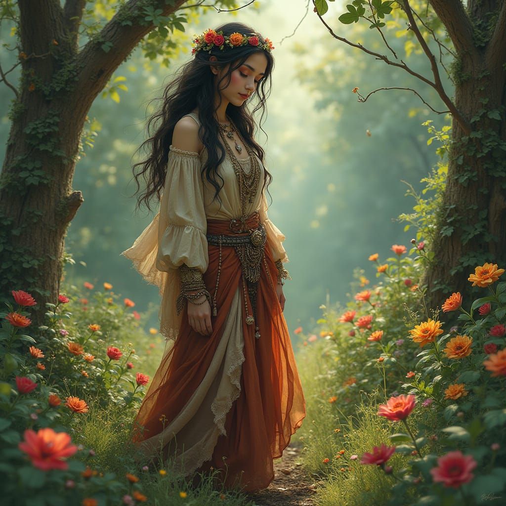 Mystical Gypsy Woman in Whimsical Forest Art