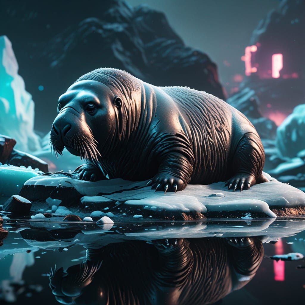 Cyberpunk Walrus Portrait with Neon Ice Crystals
