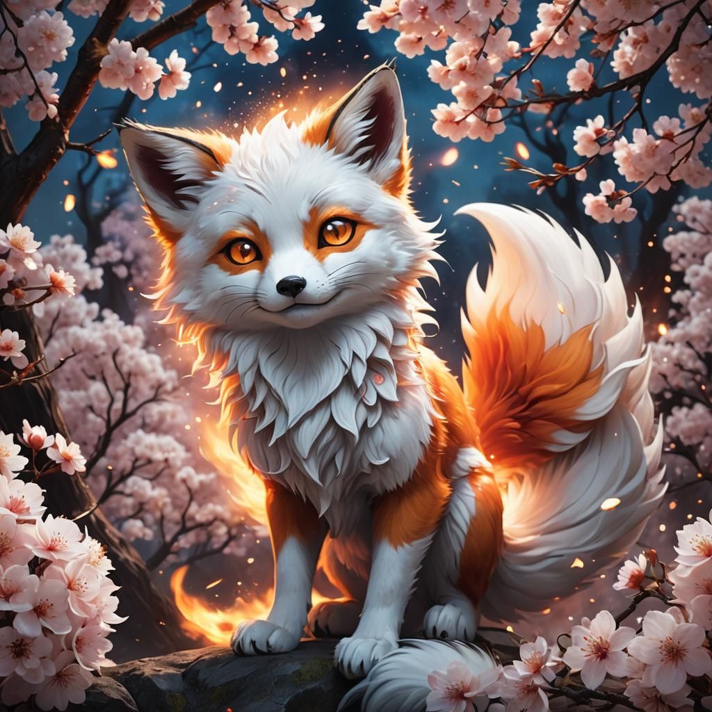 Fantastical Kitsune Fox Amidst Cherry Blossoms