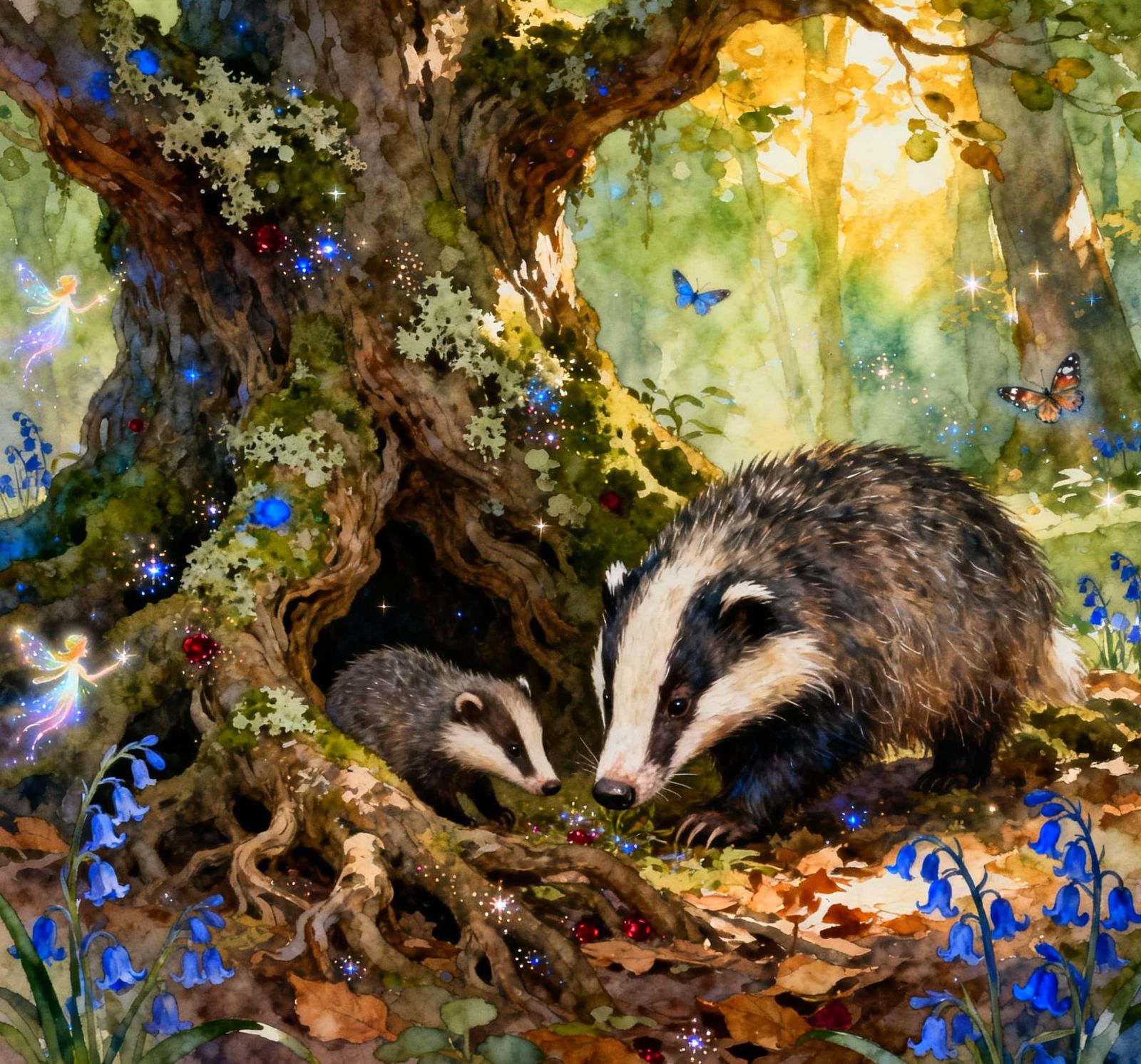 Badgers Foraging in Magical Forest Watercolor