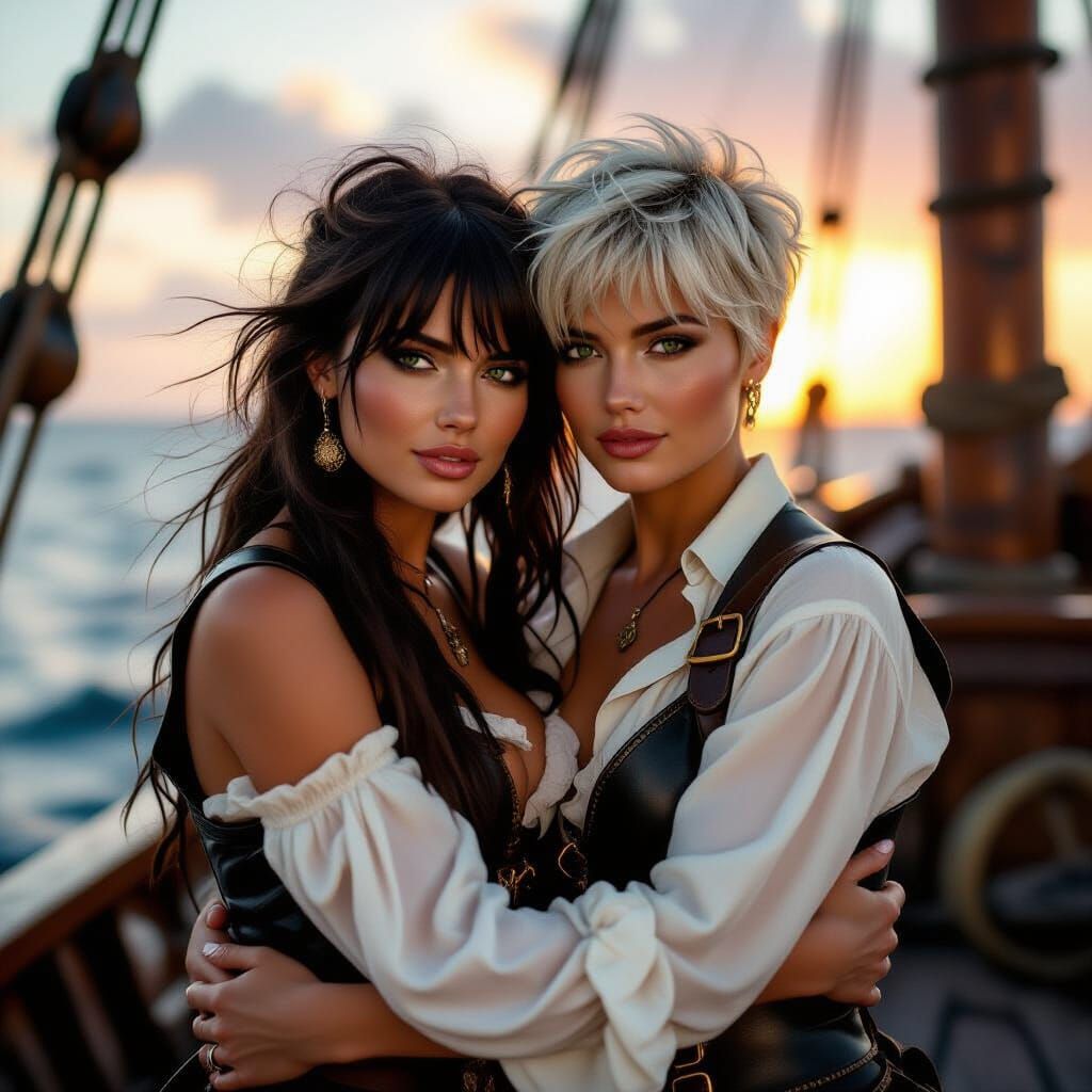 Passionate Pirate Women Embrace at Sunset