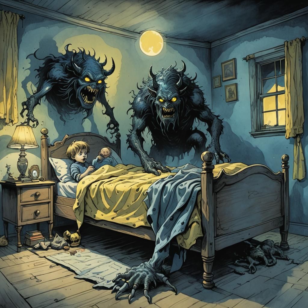 Child's Brave Dominance Over Grotesque Monsters