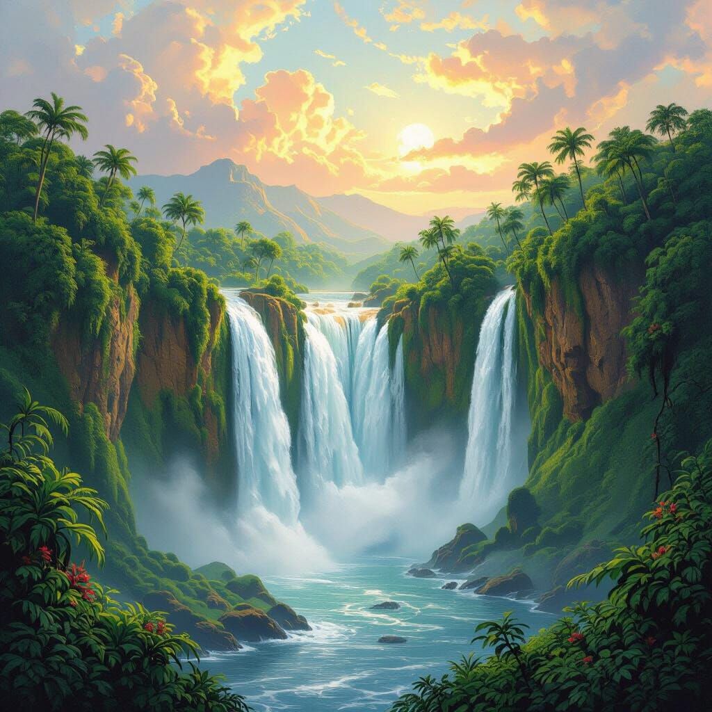 Lush Waterfall Landscape Painting