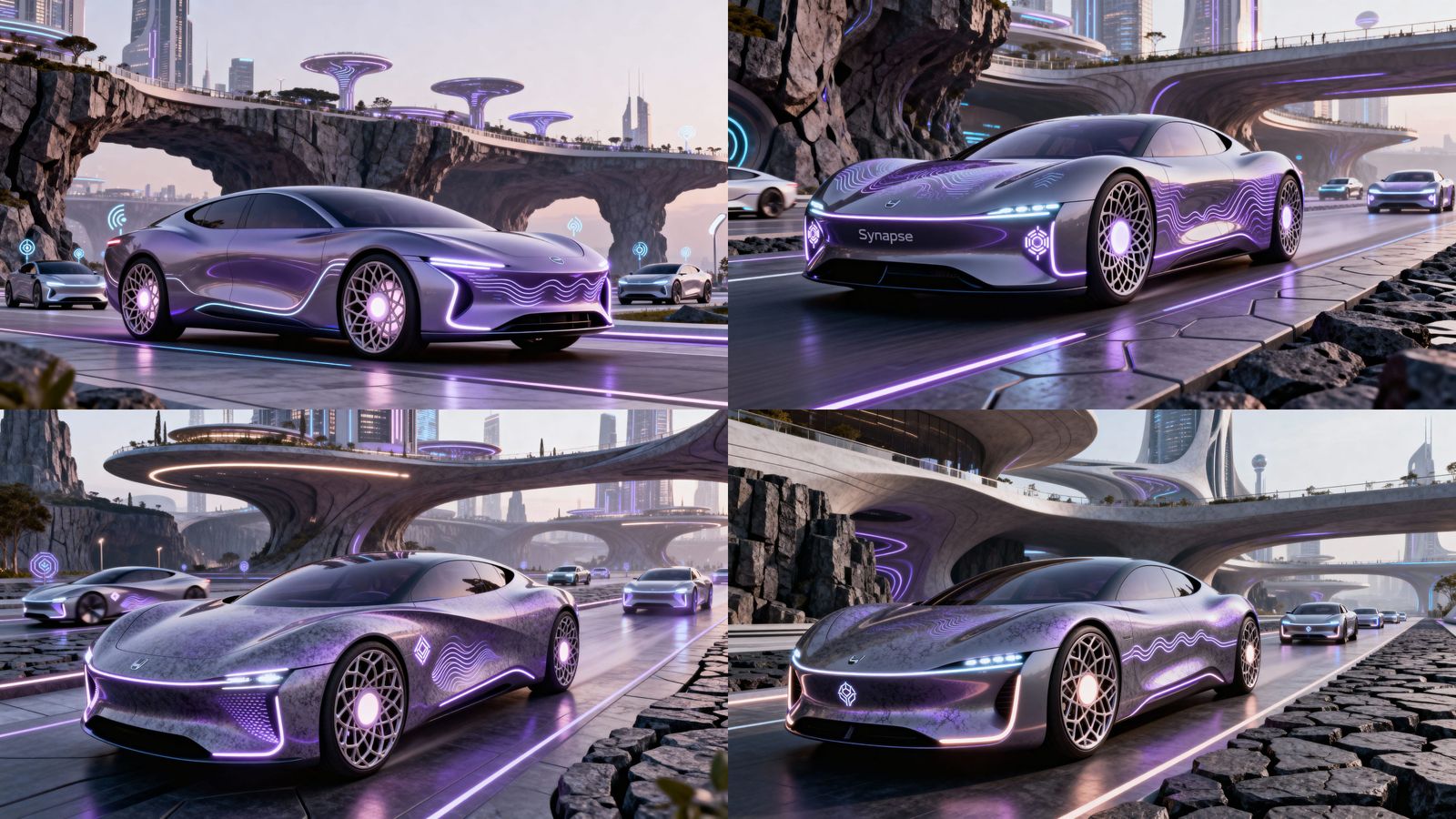 Photorealistic EV Concept Car Synapse on Futuristic Boulevar...