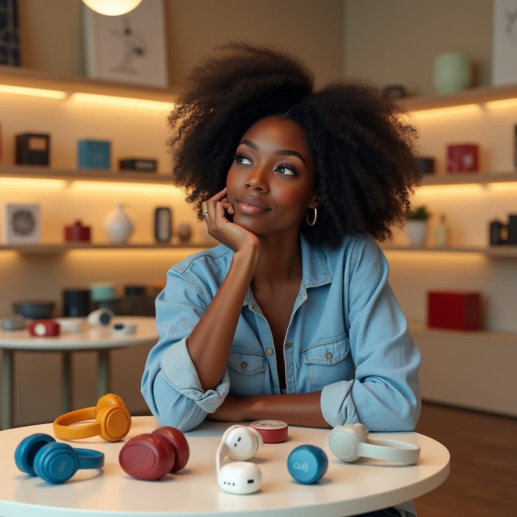 Thoughtful Woman Surveys Headphones in a Modern Home Goods S...