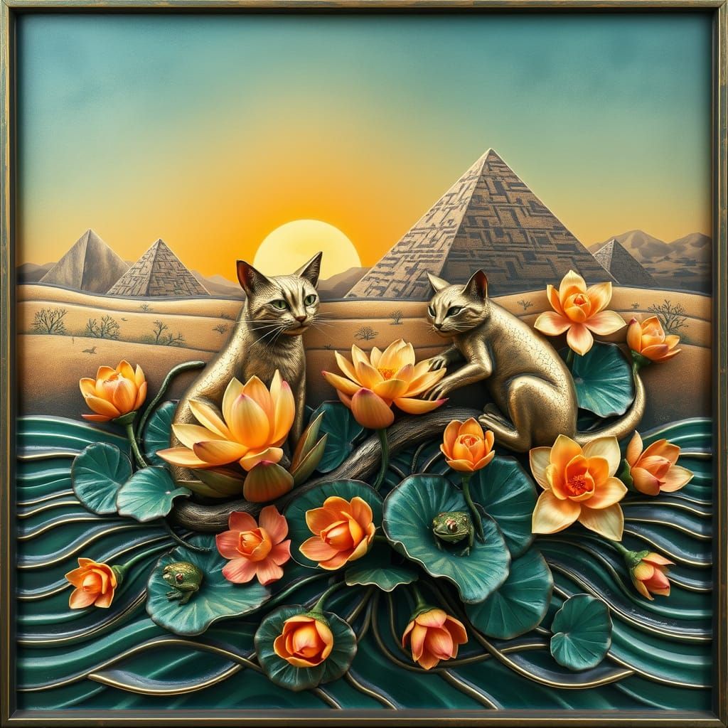 Ancient Egyptian Cats in a Lavish Bronze Frame