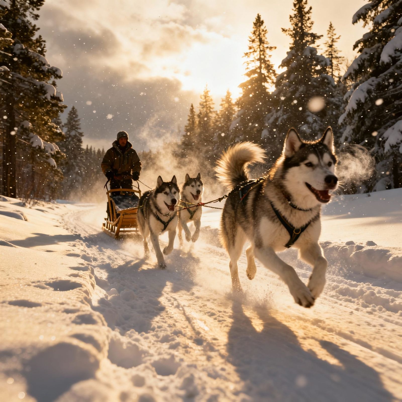 Dog Sled Team Races Through Snowy Landscape in Cinematic Sty...