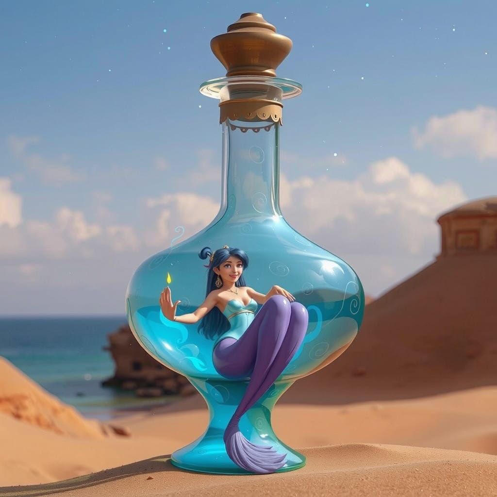 Ethereal Genie Emerges from Glass Bottle